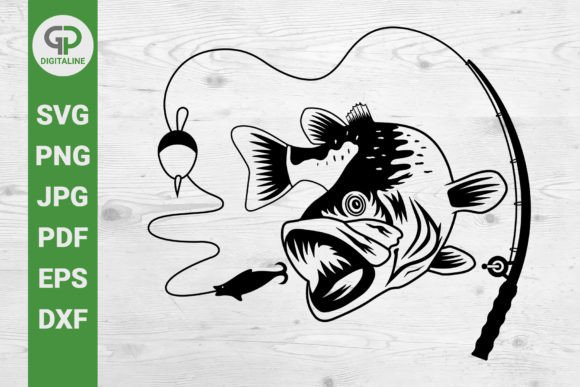Black Bass Fish and Fishing Rod SVG Design for Creative Projects